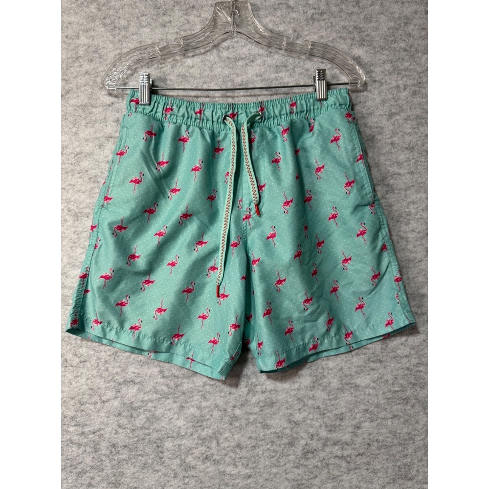 Surf Society Mens Medium Aqua Flamingo Print Drawstring Swim Trunks Shorts